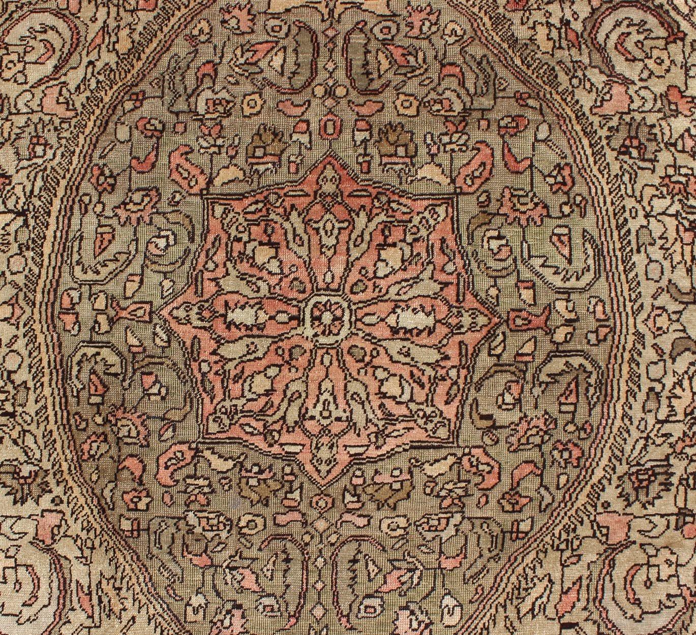 Vintage Turkish Sivas with Floral Central Medallion in Coral and Earthy Tones Measures: 5'6 x 9'11 This Turkish Sivas showcases a floral design utilizing botanical motifs spread through the central medallion, continuing across to the ... - Keivan Woven ArtsEN - 112309 - 3138Rug