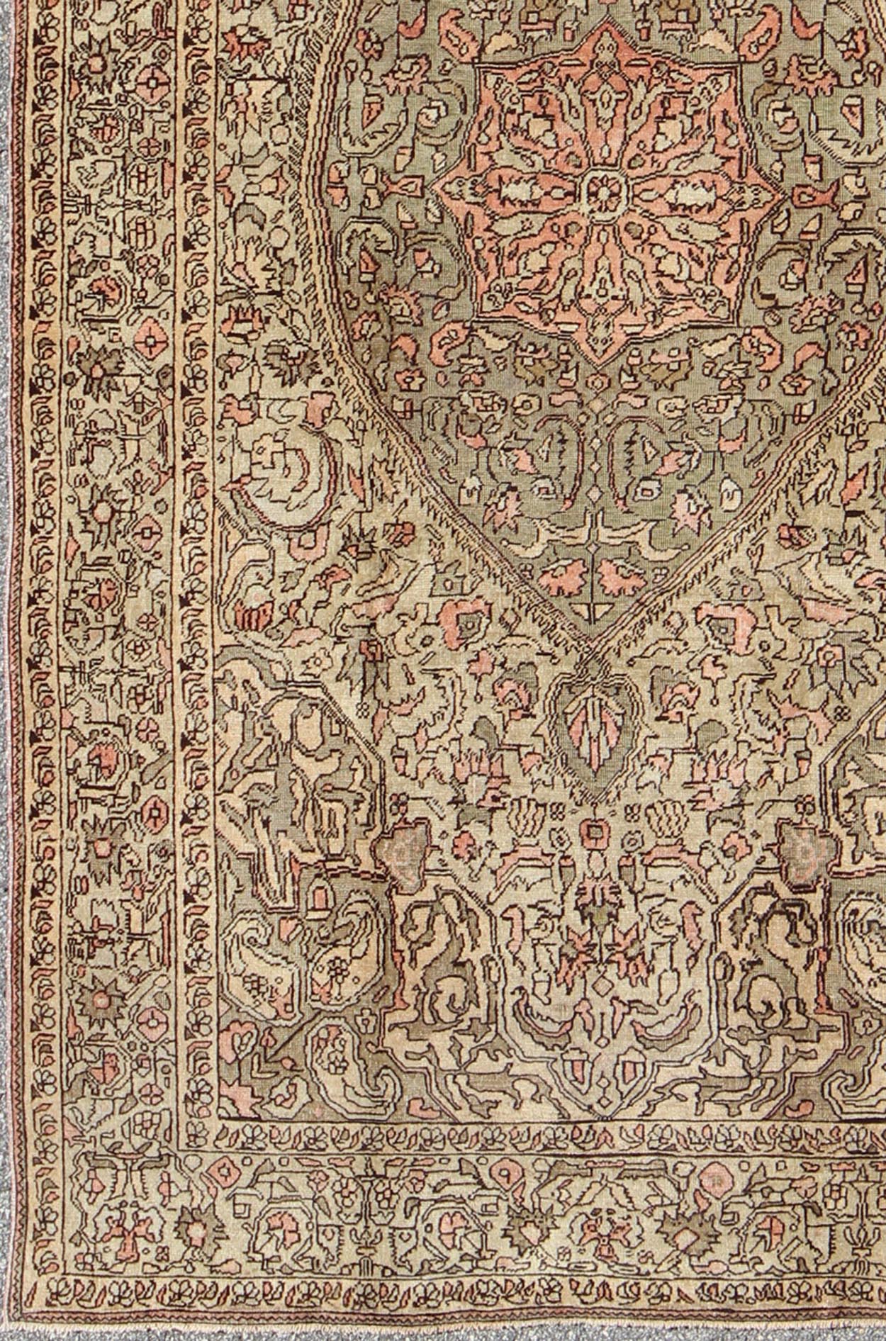 Vintage Turkish Sivas with Floral Central Medallion in Coral and Earthy Tones Measures: 5'6 x 9'11 This Turkish Sivas showcases a floral design utilizing botanical motifs spread through the central medallion, continuing across to the ... - Keivan Woven ArtsEN - 112309 - 3138Rug