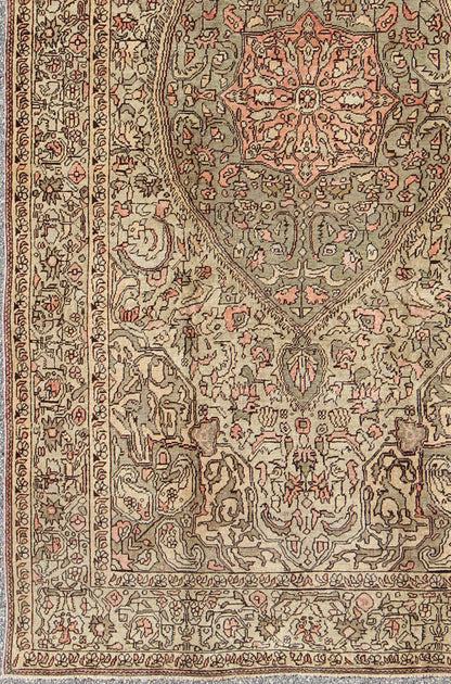 Vintage Turkish Sivas with Floral Central Medallion in Coral and Earthy Tones Measures: 5'6 x 9'11 This Turkish Sivas showcases a floral design utilizing botanical motifs spread through the central medallion, continuing across to the ... - Keivan Woven ArtsEN - 112309 - 3138Rug