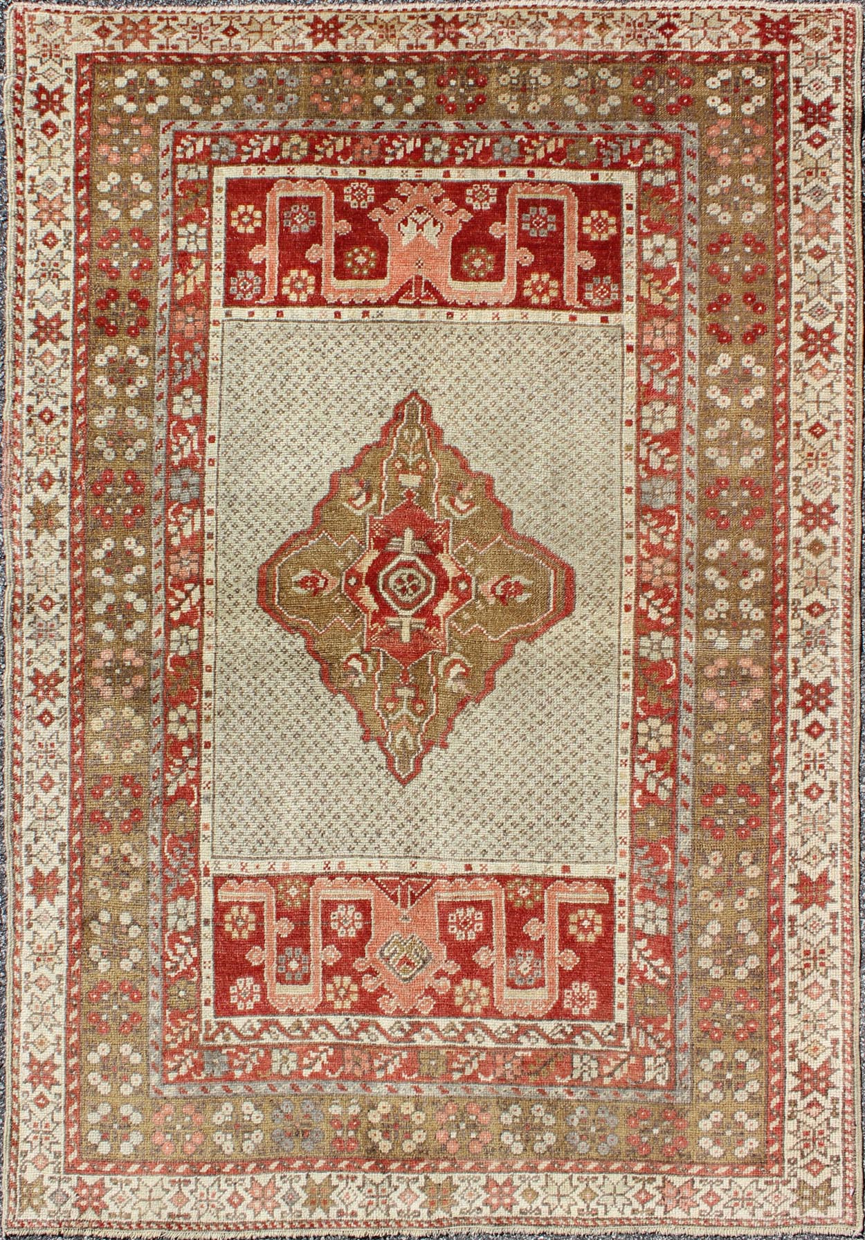 Antique Medallion Turkish Small Oushak Carpet in Various Green Tones & Red Measures: 3.6 x 5.3 Antique Turkish Oushak Central Medallion Design and Borders Keivan Woven Arts/ rug EN - 112314 origin/Turkey, wool antique rug, small antique Tur... - Keivan Woven ArtsEN - 112314 - 4480Rug