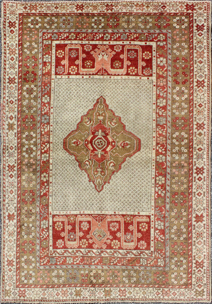 Antique Medallion Turkish Small Oushak Carpet in Various Green Tones & Red Measures: 3.6 x 5.3 Antique Turkish Oushak Central Medallion Design and Borders Keivan Woven Arts/ rug EN - 112314 origin/Turkey, wool antique rug, small antique Tur... - Keivan Woven ArtsEN - 112314 - 4480Rug