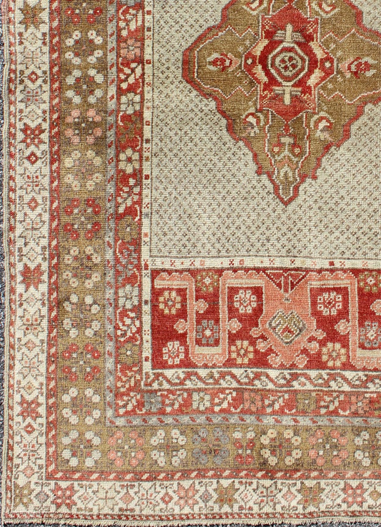 Antique Medallion Turkish Small Oushak Carpet in Various Green Tones & Red Measures: 3.6 x 5.3 Antique Turkish Oushak Central Medallion Design and Borders Keivan Woven Arts/ rug EN - 112314 origin/Turkey, wool antique rug, small antique Tur... - Keivan Woven ArtsEN - 112314 - 4480Rug