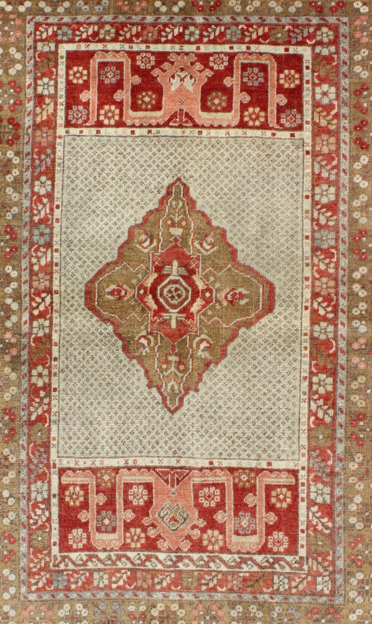 Antique Medallion Turkish Small Oushak Carpet in Various Green Tones & Red Measures: 3.6 x 5.3 Antique Turkish Oushak Central Medallion Design and Borders Keivan Woven Arts/ rug EN - 112314 origin/Turkey, wool antique rug, small antique Tur... - Keivan Woven ArtsEN - 112314 - 4480Rug