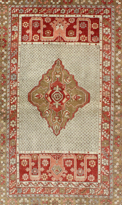 Antique Medallion Turkish Small Oushak Carpet in Various Green Tones & Red Measures: 3.6 x 5.3 Antique Turkish Oushak Central Medallion Design and Borders Keivan Woven Arts/ rug EN - 112314 origin/Turkey, wool antique rug, small antique Tur... - Keivan Woven ArtsEN - 112314 - 4480Rug
