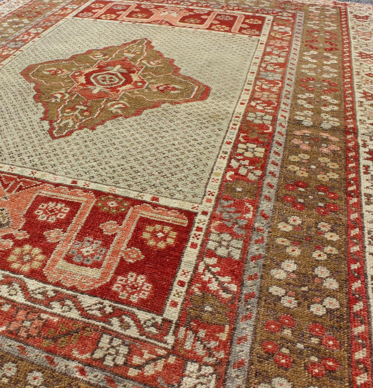 Antique Medallion Turkish Small Oushak Carpet in Various Green Tones & Red Measures: 3.6 x 5.3 Antique Turkish Oushak Central Medallion Design and Borders Keivan Woven Arts/ rug EN - 112314 origin/Turkey, wool antique rug, small antique Tur... - Keivan Woven ArtsEN - 112314 - 4480Rug