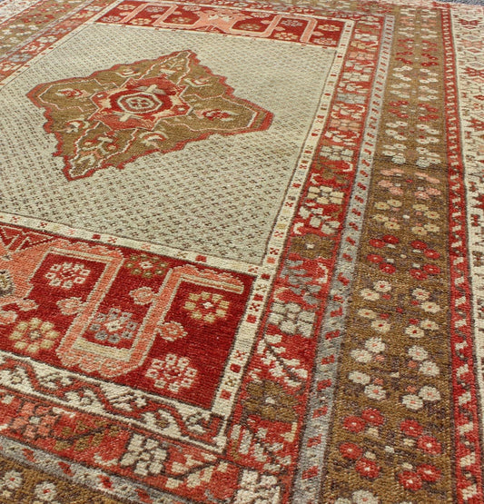 Antique Medallion Turkish Small Oushak Carpet in Various Green Tones & Red Measures: 3.6 x 5.3 Antique Turkish Oushak Central Medallion Design and Borders Keivan Woven Arts/ rug EN - 112314 origin/Turkey, wool antique rug, small antique Tur... - Keivan Woven ArtsEN - 112314 - 4480Rug