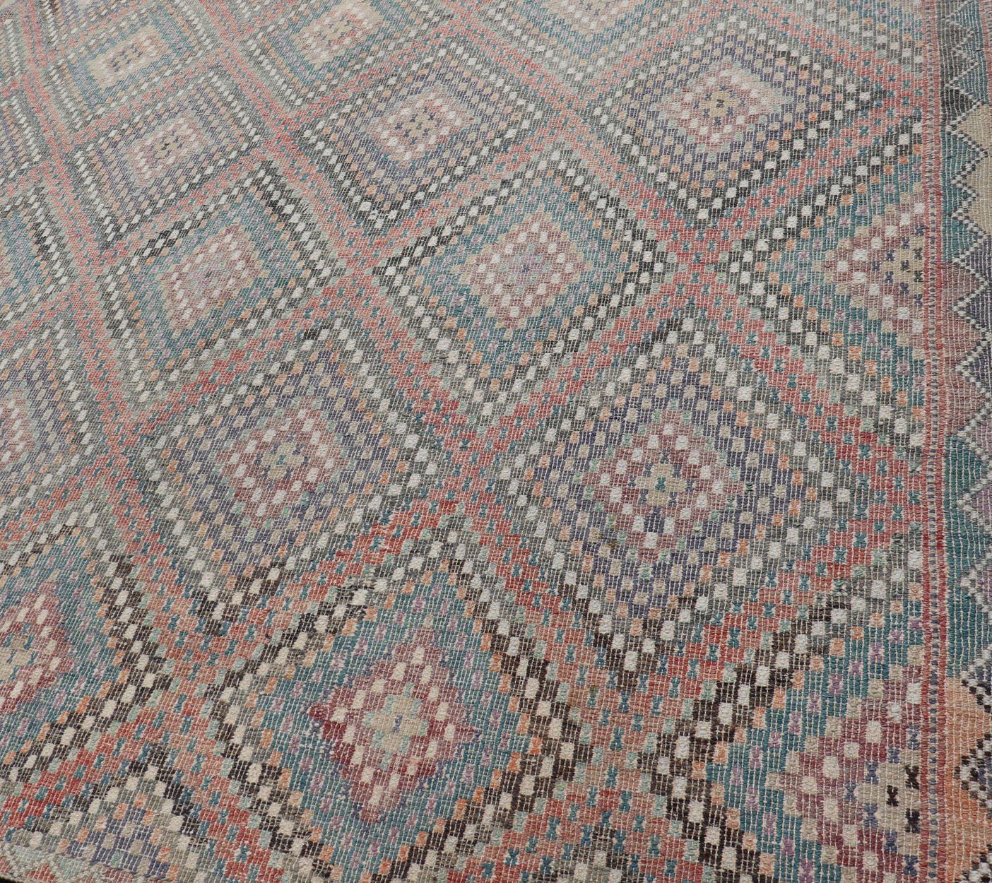 Turkish Vintage Embroidered Kilim Rug with Multi Layered Diamond Design. Keivan Woven Arts / rug / EN - 112326, Turkey, Hand Woven circa/ mid - 20th century. Measures: 7'6 x 10'0 - Keivan Woven ArtsEN - 112326 - 15348Rug