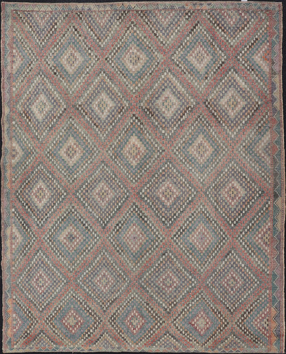 Turkish Vintage Embroidered Kilim Rug with Multi Layered Diamond Design. Keivan Woven Arts / rug / EN - 112326, Turkey, Hand Woven circa/ mid - 20th century. Measures: 7'6 x 10'0 - Keivan Woven ArtsEN - 112326 - 15348Rug
