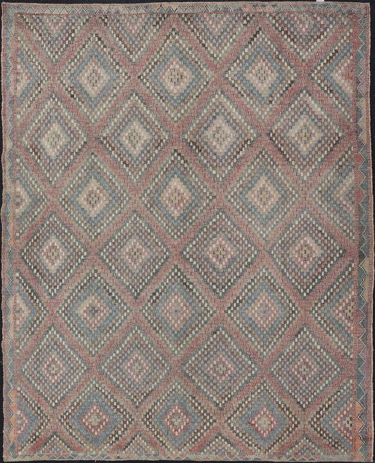 Turkish Vintage Embroidered Kilim Rug with Multi Layered Diamond Design. Keivan Woven Arts / rug / EN - 112326, Turkey, Hand Woven circa/ mid - 20th century. Measures: 7'6 x 10'0 - Keivan Woven ArtsEN - 112326 - 15348Rug