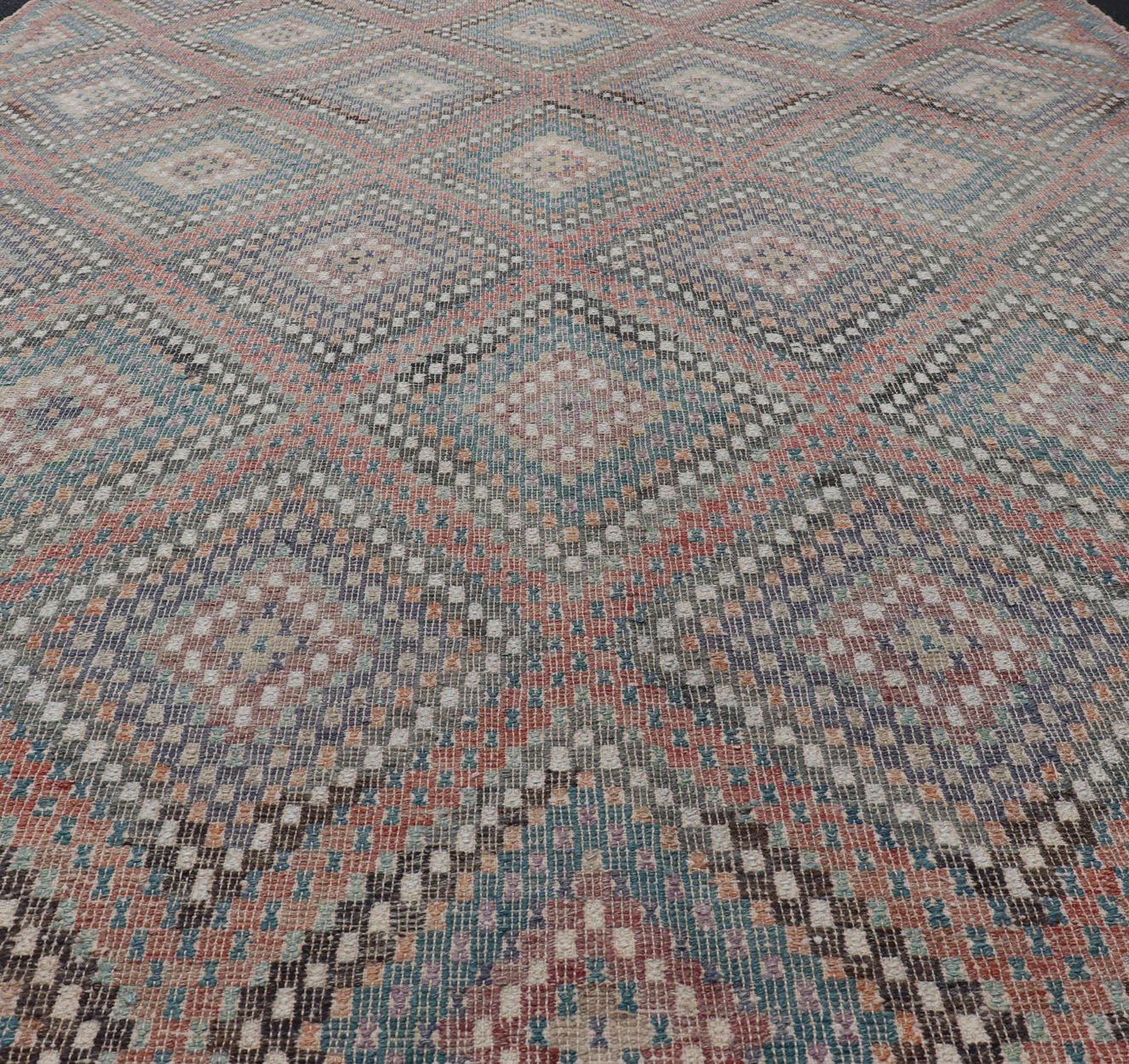 Turkish Vintage Embroidered Kilim Rug with Multi Layered Diamond Design. Keivan Woven Arts / rug / EN - 112326, Turkey, Hand Woven circa/ mid - 20th century. Measures: 7'6 x 10'0 - Keivan Woven ArtsEN - 112326 - 15348Rug
