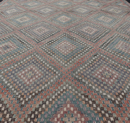 Turkish Vintage Embroidered Kilim Rug with Multi Layered Diamond Design. Keivan Woven Arts / rug / EN - 112326, Turkey, Hand Woven circa/ mid - 20th century. Measures: 7'6 x 10'0 - Keivan Woven ArtsEN - 112326 - 15348Rug