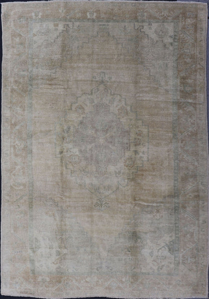 Light color Oushak Vintage Rug With Pastel Colors in Tan, Green, Butter Yellow and Taupe Light color Vintage Oushak Rug With Central Medallion in Faded Design. rug, EN - 112333, country of origin / type: Turkey / Oushak, circa mid - 20th century. Me... - Keivan Woven ArtsEN - 112333 - 2752Rug