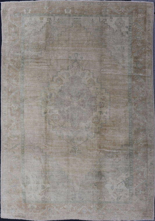 Light color Oushak Vintage Rug With Pastel Colors in Tan, Green, Butter Yellow and Taupe Light color Vintage Oushak Rug With Central Medallion in Faded Design. rug, EN - 112333, country of origin / type: Turkey / Oushak, circa mid - 20th century. Me... - Keivan Woven ArtsEN - 112333 - 2752Rug