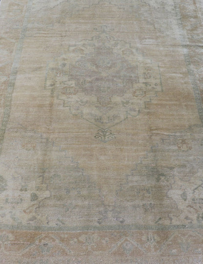 Light color Oushak Vintage Rug With Pastel Colors in Tan, Green, Butter Yellow and Taupe Light color Vintage Oushak Rug With Central Medallion in Faded Design. rug, EN - 112333, country of origin / type: Turkey / Oushak, circa mid - 20th century. Me... - Keivan Woven ArtsEN - 112333 - 2752Rug