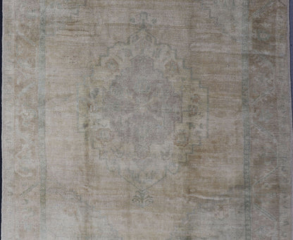 Light color Oushak Vintage Rug With Pastel Colors in Tan, Green, Butter Yellow and Taupe Light color Vintage Oushak Rug With Central Medallion in Faded Design. rug, EN - 112333, country of origin / type: Turkey / Oushak, circa mid - 20th century. Me... - Keivan Woven ArtsEN - 112333 - 2752Rug