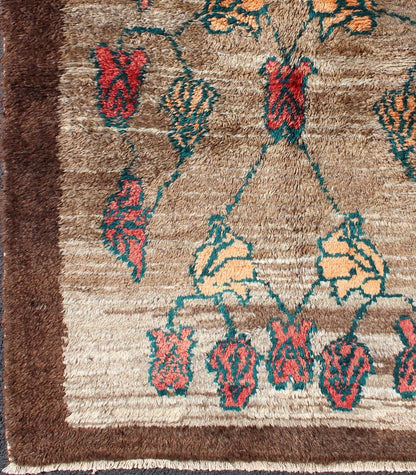 Vintage Tulu rug with Camel Color Field and Flowers Surrounded by Brown Border Measures: 3'8 x 4'7 Made with very fine angora blend wool, this Turkish Tulu has Camel Color Field Surrounded by a Chocolate Border. Keivan Woven Arts rug/EN - 1... - Keivan Woven ArtsEN - 112452 - 4484Rug