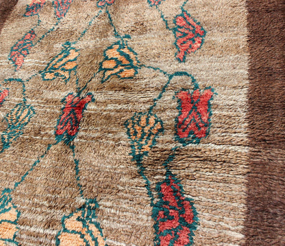 Vintage Tulu rug with Camel Color Field and Flowers Surrounded by Brown Border Measures: 3'8 x 4'7 Made with very fine angora blend wool, this Turkish Tulu has Camel Color Field Surrounded by a Chocolate Border. Keivan Woven Arts rug/EN - 1... - Keivan Woven ArtsEN - 112452 - 4484Rug