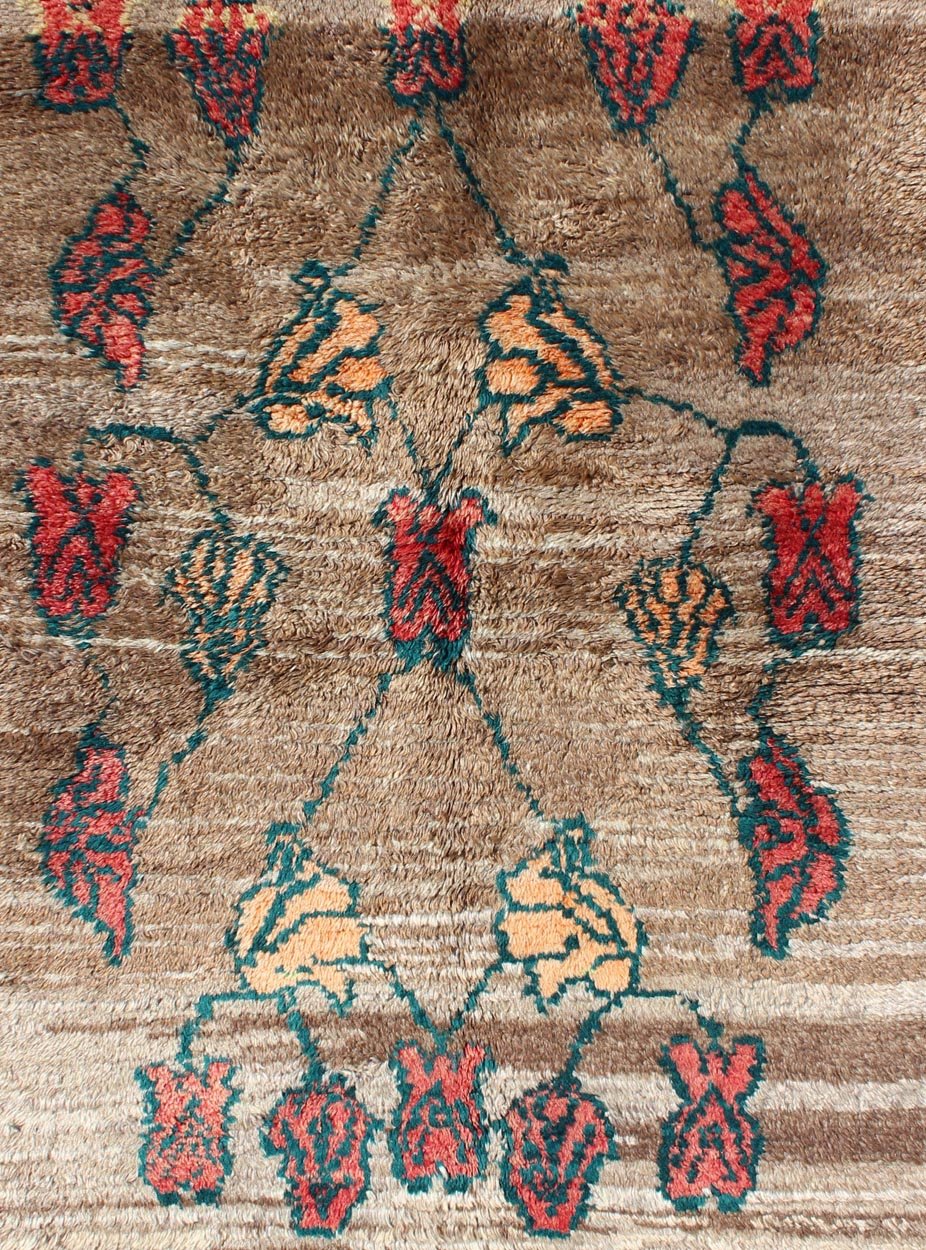 Vintage Tulu rug with Camel Color Field and Flowers Surrounded by Brown Border Measures: 3'8 x 4'7 Made with very fine angora blend wool, this Turkish Tulu has Camel Color Field Surrounded by a Chocolate Border. Keivan Woven Arts rug/EN - 1... - Keivan Woven ArtsEN - 112452 - 4484Rug