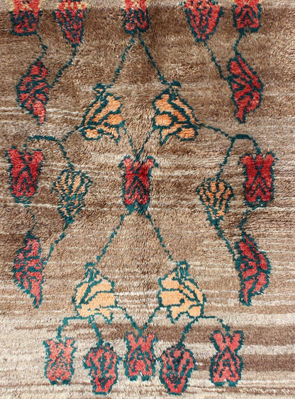 Vintage Tulu rug with Camel Color Field and Flowers Surrounded by Brown Border Measures: 3'8 x 4'7 Made with very fine angora blend wool, this Turkish Tulu has Camel Color Field Surrounded by a Chocolate Border. Keivan Woven Arts rug/EN - 1... - Keivan Woven ArtsEN - 112452 - 4484Rug