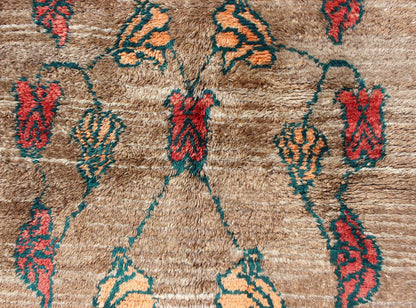 Vintage Tulu rug with Camel Color Field and Flowers Surrounded by Brown Border Measures: 3'8 x 4'7 Made with very fine angora blend wool, this Turkish Tulu has Camel Color Field Surrounded by a Chocolate Border. Keivan Woven Arts rug/EN - 1... - Keivan Woven ArtsEN - 112452 - 4484Rug