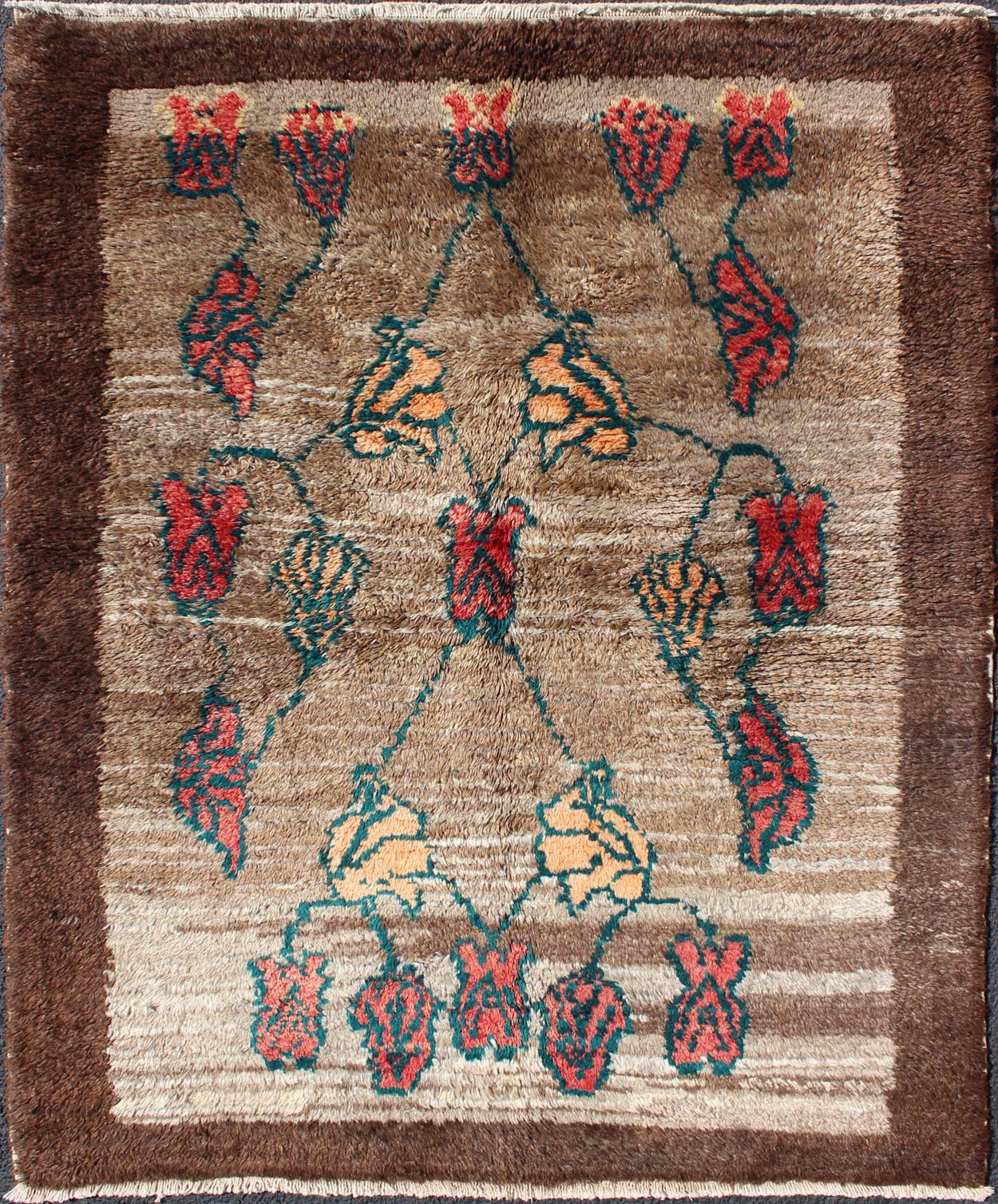 Vintage Tulu rug with Camel Color Field and Flowers Surrounded by Brown Border Measures: 3'8 x 4'7 Made with very fine angora blend wool, this Turkish Tulu has Camel Color Field Surrounded by a Chocolate Border. Keivan Woven Arts rug/EN - 1... - Keivan Woven ArtsEN - 112452 - 4484Rug