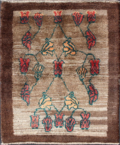 Vintage Tulu rug with Camel Color Field and Flowers Surrounded by Brown Border Measures: 3'8 x 4'7 Made with very fine angora blend wool, this Turkish Tulu has Camel Color Field Surrounded by a Chocolate Border. Keivan Woven Arts rug/EN - 1... - Keivan Woven ArtsEN - 112452 - 4484Rug