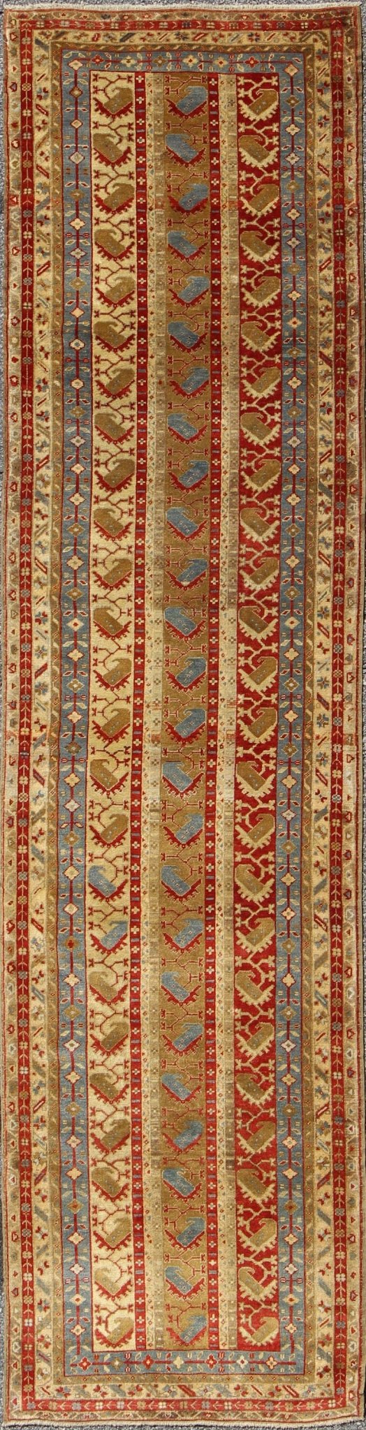 Colorful and unique antique Turkish Oushak runner with Stripes Design, rug en - 112497, country of origin / type: Turkey / Oushak, circa 1920 This antique Turkish gallery runner (circa early 20th century) features a unique blend of colors and an i... - Keivan Woven ArtsEN - 112497 - 3144Rug
