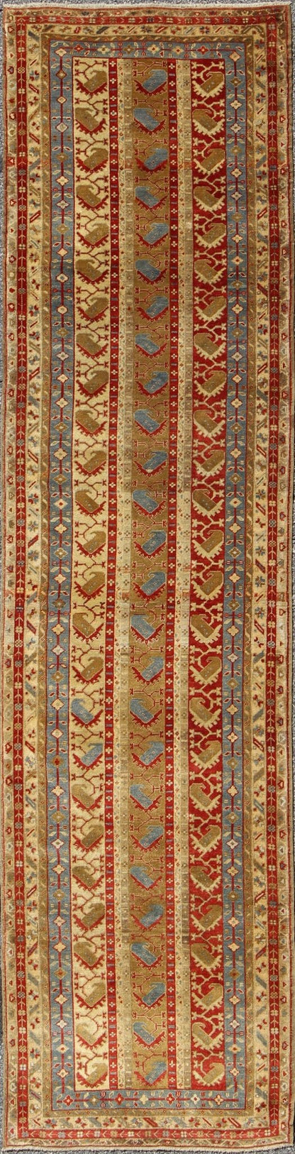 Colorful and unique antique Turkish Oushak runner with Stripes Design, rug en - 112497, country of origin / type: Turkey / Oushak, circa 1920 This antique Turkish gallery runner (circa early 20th century) features a unique blend of colors and an i... - Keivan Woven ArtsEN - 112497 - 3144Rug