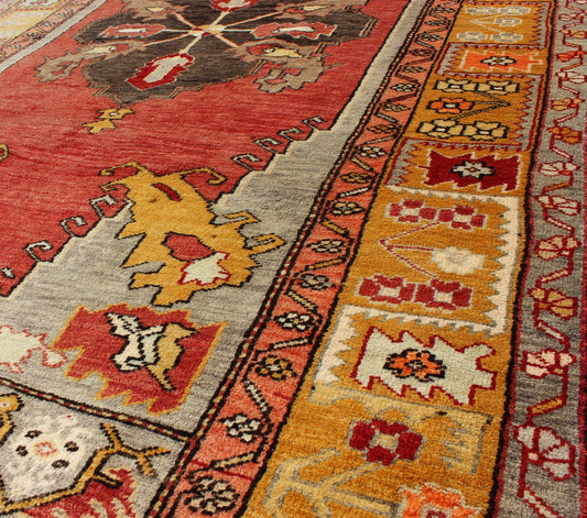 Turkish Antique Tribal Diamond Medallion Oushak Area Rug in Red and Gold Measures: 4'8 x 8'7 This beautiful Turkish Oushak is unique in its color palette. The center medallion features a combination of black, brown, gold, red and light ... - Keivan Woven ArtsEN - 112658 - 2699Rug