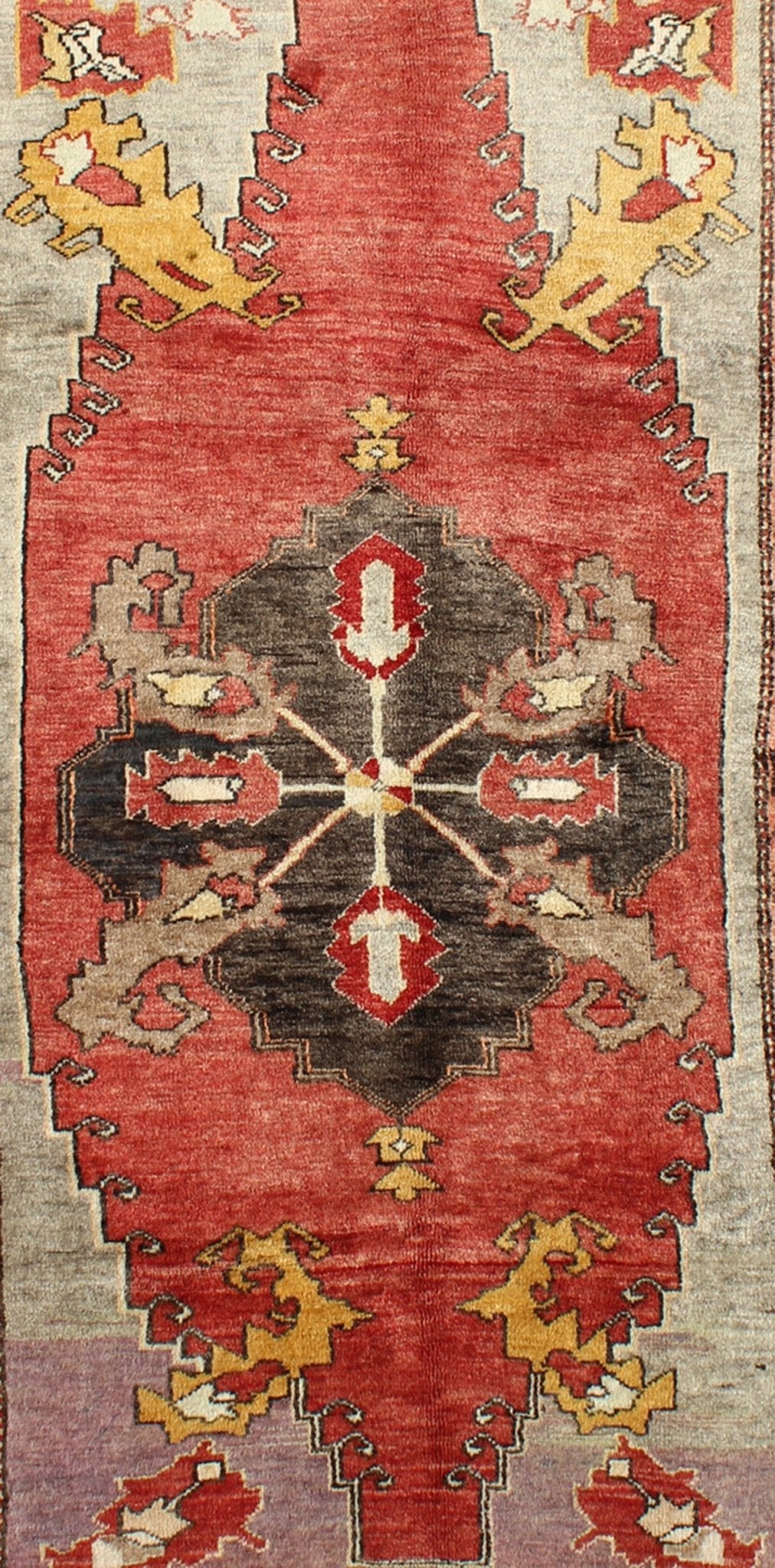Turkish Antique Tribal Diamond Medallion Oushak Area Rug in Red and Gold Measures: 4'8 x 8'7 This beautiful Turkish Oushak is unique in its color palette. The center medallion features a combination of black, brown, gold, red and light ... - Keivan Woven ArtsEN - 112658 - 2699Rug