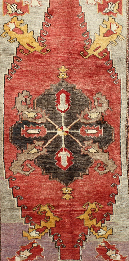 Turkish Antique Tribal Diamond Medallion Oushak Area Rug in Red and Gold Measures: 4'8 x 8'7 This beautiful Turkish Oushak is unique in its color palette. The center medallion features a combination of black, brown, gold, red and light ... - Keivan Woven ArtsEN - 112658 - 2699Rug