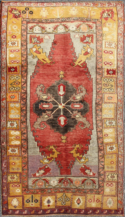 Turkish Antique Tribal Diamond Medallion Oushak Area Rug in Red and Gold Measures: 4'8 x 8'7 This beautiful Turkish Oushak is unique in its color palette. The center medallion features a combination of black, brown, gold, red and light ... - Keivan Woven ArtsEN - 112658 - 2699Rug