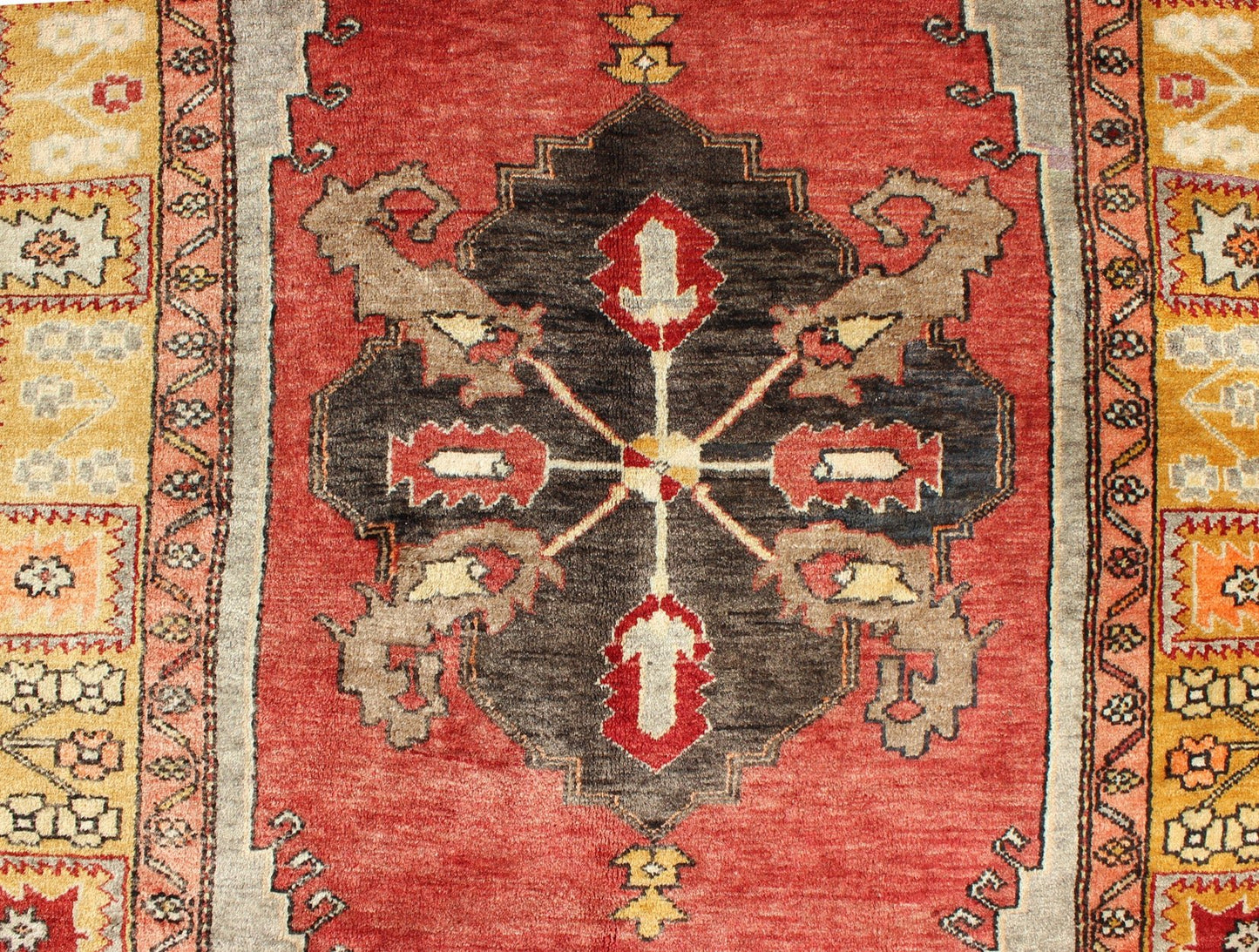 Turkish Antique Tribal Diamond Medallion Oushak Area Rug in Red and Gold Measures: 4'8 x 8'7 This beautiful Turkish Oushak is unique in its color palette. The center medallion features a combination of black, brown, gold, red and light ... - Keivan Woven ArtsEN - 112658 - 2699Rug