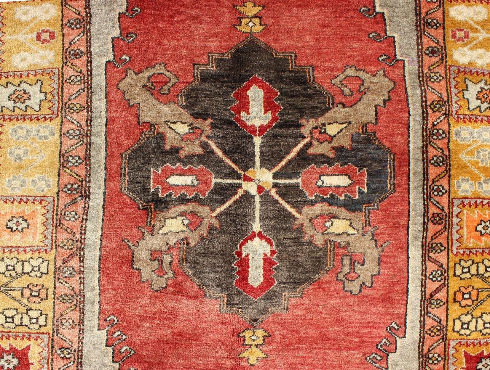 Turkish Antique Tribal Diamond Medallion Oushak Area Rug in Red and Gold Measures: 4'8 x 8'7 This beautiful Turkish Oushak is unique in its color palette. The center medallion features a combination of black, brown, gold, red and light ... - Keivan Woven ArtsEN - 112658 - 2699Rug