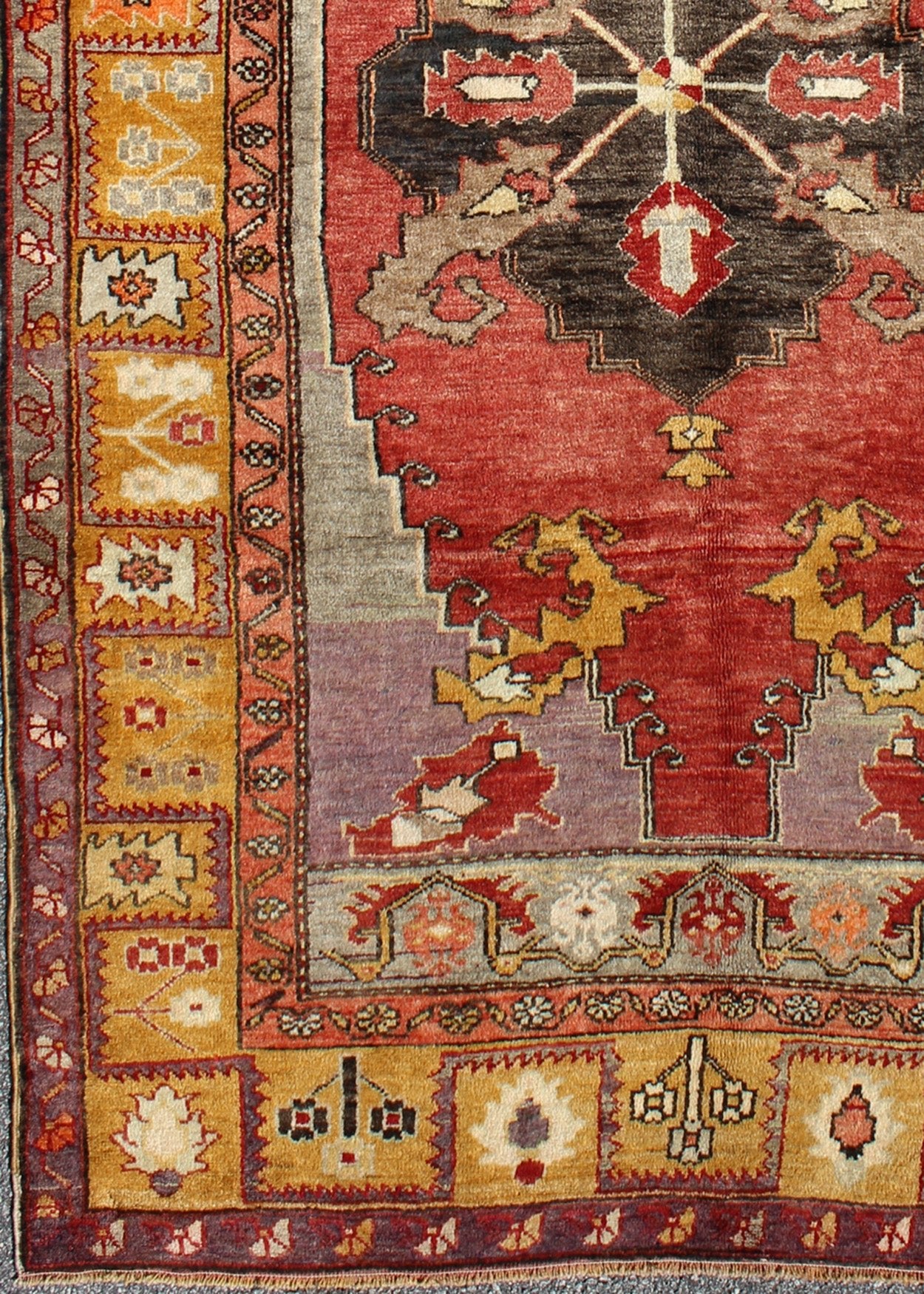 Turkish Antique Tribal Diamond Medallion Oushak Area Rug in Red and Gold Measures: 4'8 x 8'7 This beautiful Turkish Oushak is unique in its color palette. The center medallion features a combination of black, brown, gold, red and light ... - Keivan Woven ArtsEN - 112658 - 2699Rug