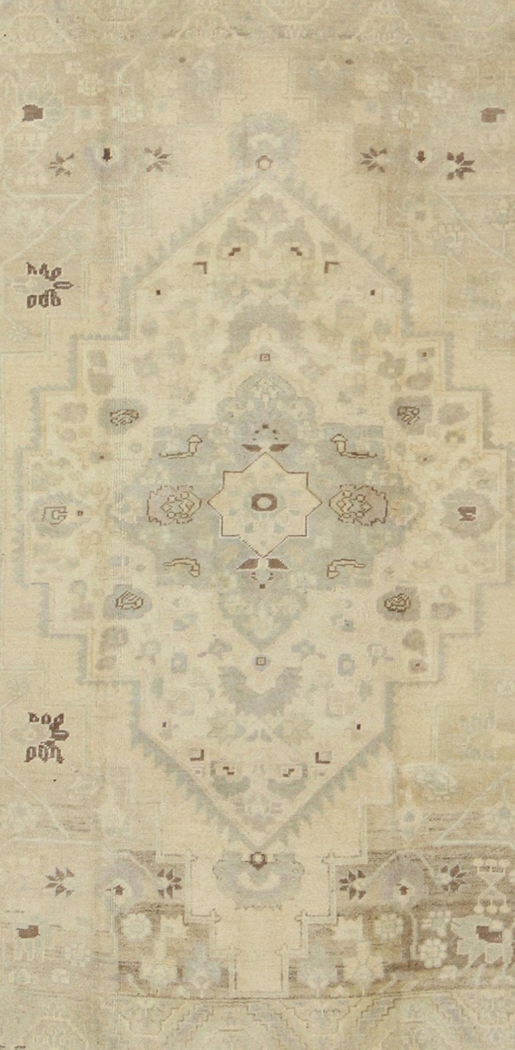 Turkish Oushak This stunning Turkish Oushak displays a gray/blue border and taupe background with brown highlights. The bold geometric design is softened by the use of subdued and pale colors. Measures: 6'4 x 9'4. - Keivan Woven ArtsEN - 112721 - 4900Rug