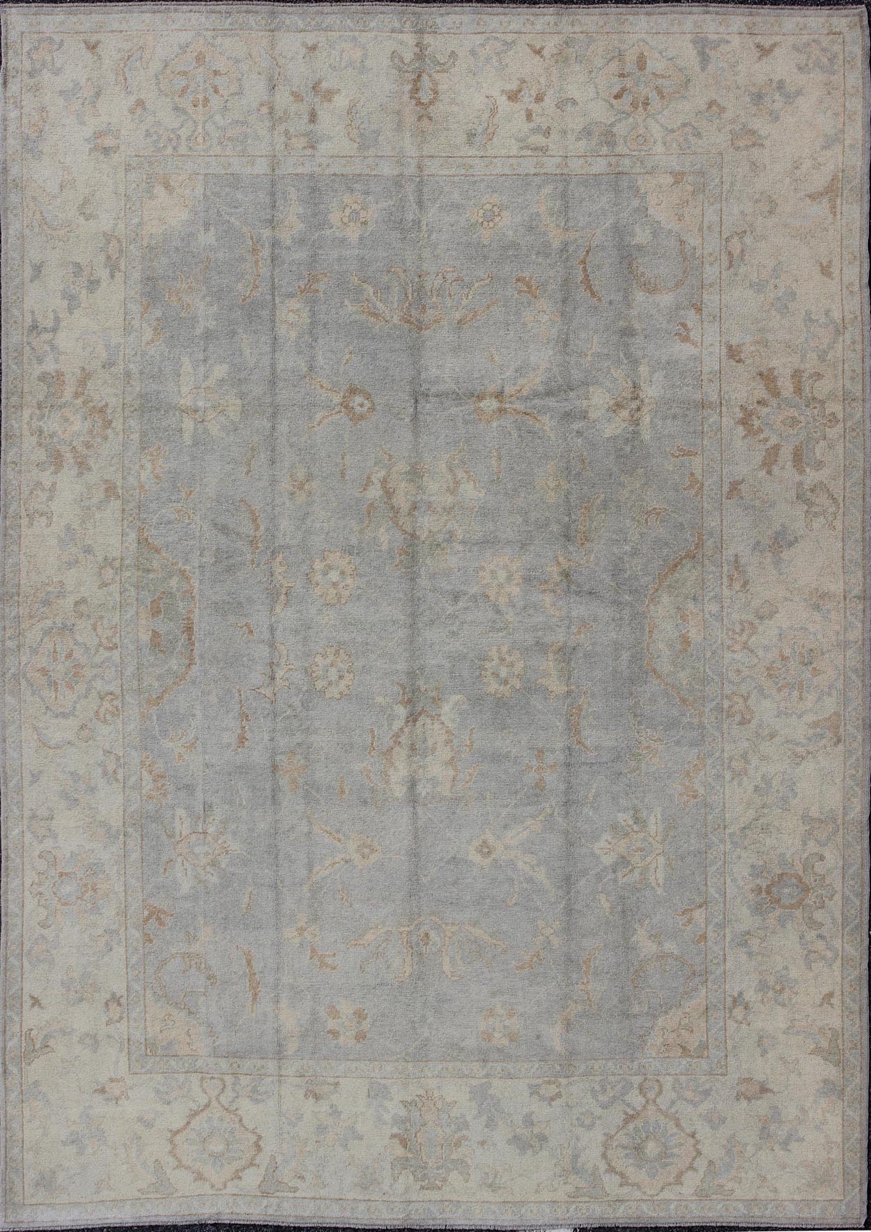 Large Turkish Oushak rug with all - over vining floral design in grey and cream, rug en - 112736, country of origin / type: Turkey / Oushak. Measures: 10'10 x 14'6. The design of this beautiful vintage Oushak rug, Turkey is enhanced by its l... - Keivan Woven ArtsEN - 112736 - 2816Rug