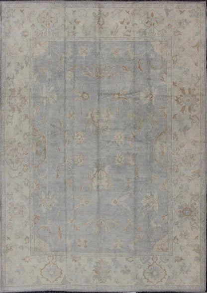 Large Turkish Oushak rug with all - over vining floral design in grey and cream, rug en - 112736, country of origin / type: Turkey / Oushak. Measures: 10'10 x 14'6. The design of this beautiful vintage Oushak rug, Turkey is enhanced by its l... - Keivan Woven ArtsEN - 112736 - 2816Rug