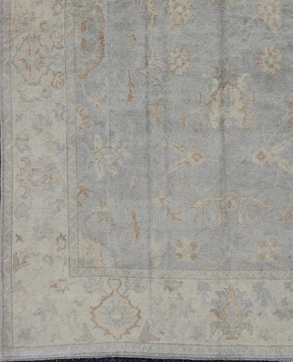 Large Turkish Oushak rug with all - over vining floral design in grey and cream, rug en - 112736, country of origin / type: Turkey / Oushak. Measures: 10'10 x 14'6. The design of this beautiful vintage Oushak rug, Turkey is enhanced by its l... - Keivan Woven ArtsEN - 112736 - 2816Rug