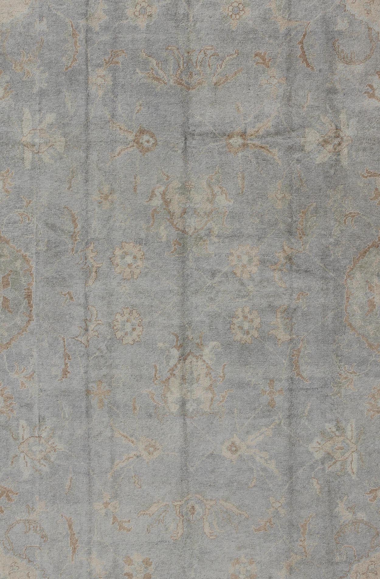 Large Turkish Oushak rug with all - over vining floral design in grey and cream, rug en - 112736, country of origin / type: Turkey / Oushak. Measures: 10'10 x 14'6. The design of this beautiful vintage Oushak rug, Turkey is enhanced by its l... - Keivan Woven ArtsEN - 112736 - 2816Rug