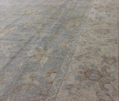 Large Turkish Oushak rug with all - over vining floral design in grey and cream, rug en - 112736, country of origin / type: Turkey / Oushak. Measures: 10'10 x 14'6. The design of this beautiful vintage Oushak rug, Turkey is enhanced by its l... - Keivan Woven ArtsEN - 112736 - 2816Rug