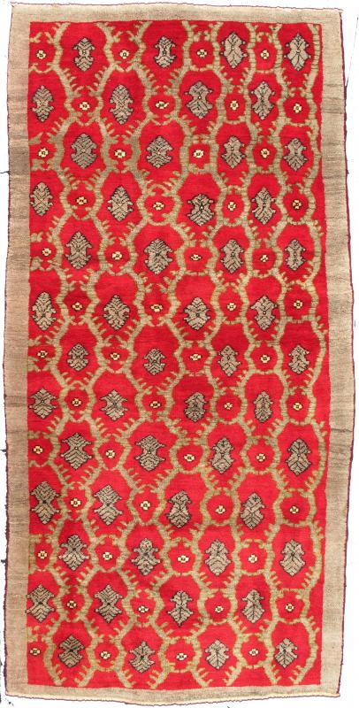 Vintage Turkish Tulu rug with a modern design in red background in excellent condition. All - over interconnected design vintage Turkish Tulu, Keivan Woven Arts/ rug/ EN - 112831, country of origin / type: Turkey / Oushak, circa 1950. Vintage Tulu, vintage... - Keivan Woven ArtsEN - 112831 - 2728Rug