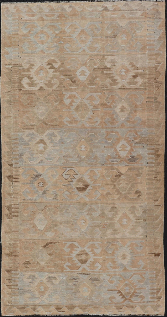 Gallery Turkish Vintage Flat - Weave Tribal Designed Kilim in Earthy Tones Measures: 5 x 10'1 This vintage Turkish flat weave Kilim features tribal relics and faded earthy neutrals. The repeating design covers the entire field of muted li... - Keivan Woven ArtsEN - 113 - 18782
