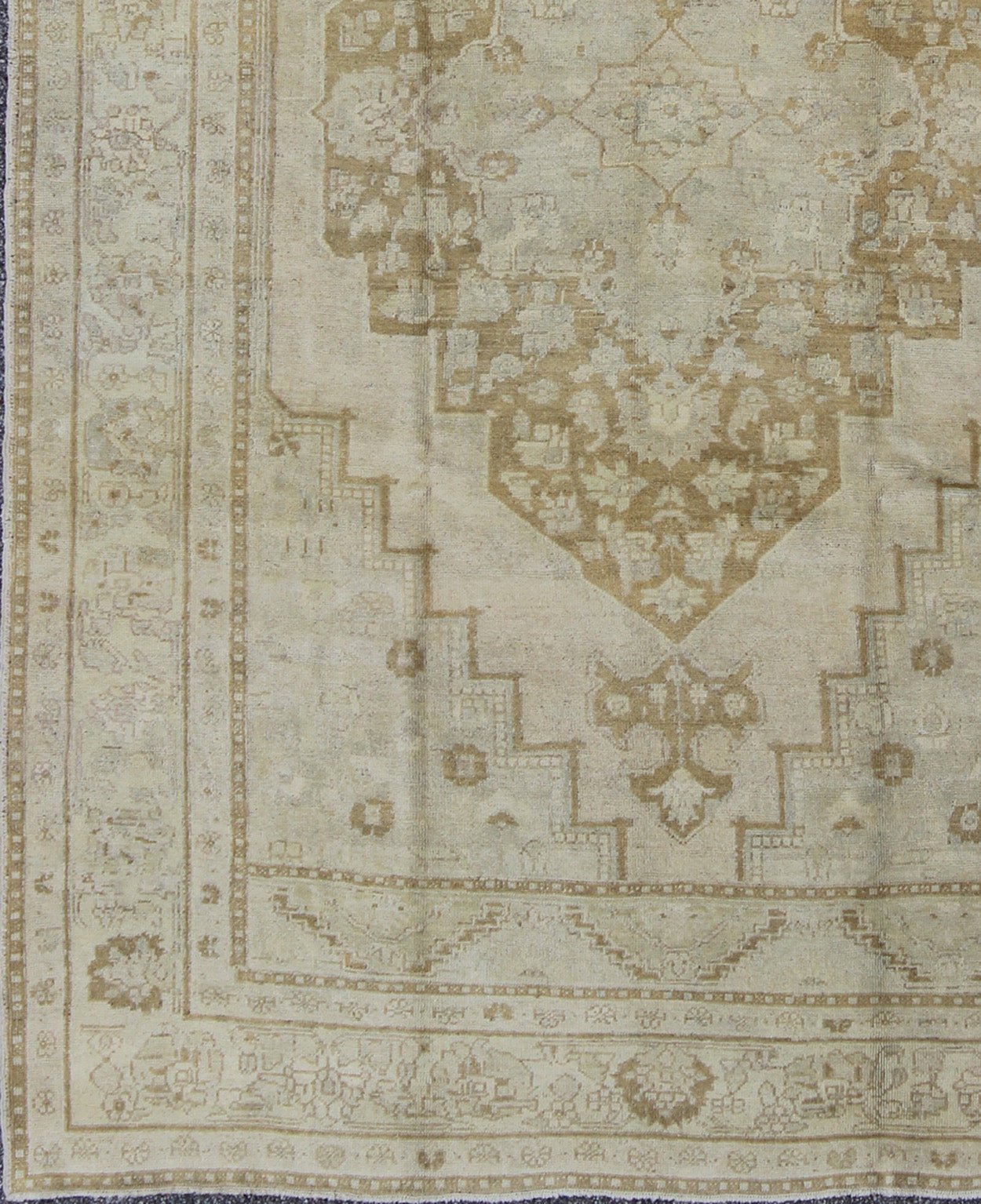 Vintage Turkish Oushak Rug Oushak rugs such as this vintage piece are highly decorative and desirable for their subduded and pale colors. The subdued color palette of soft gold, light brown, green, ivory and bone colors is enhanced by the partic... - Keivan Woven ArtsEN - 115378 - 3154Rug