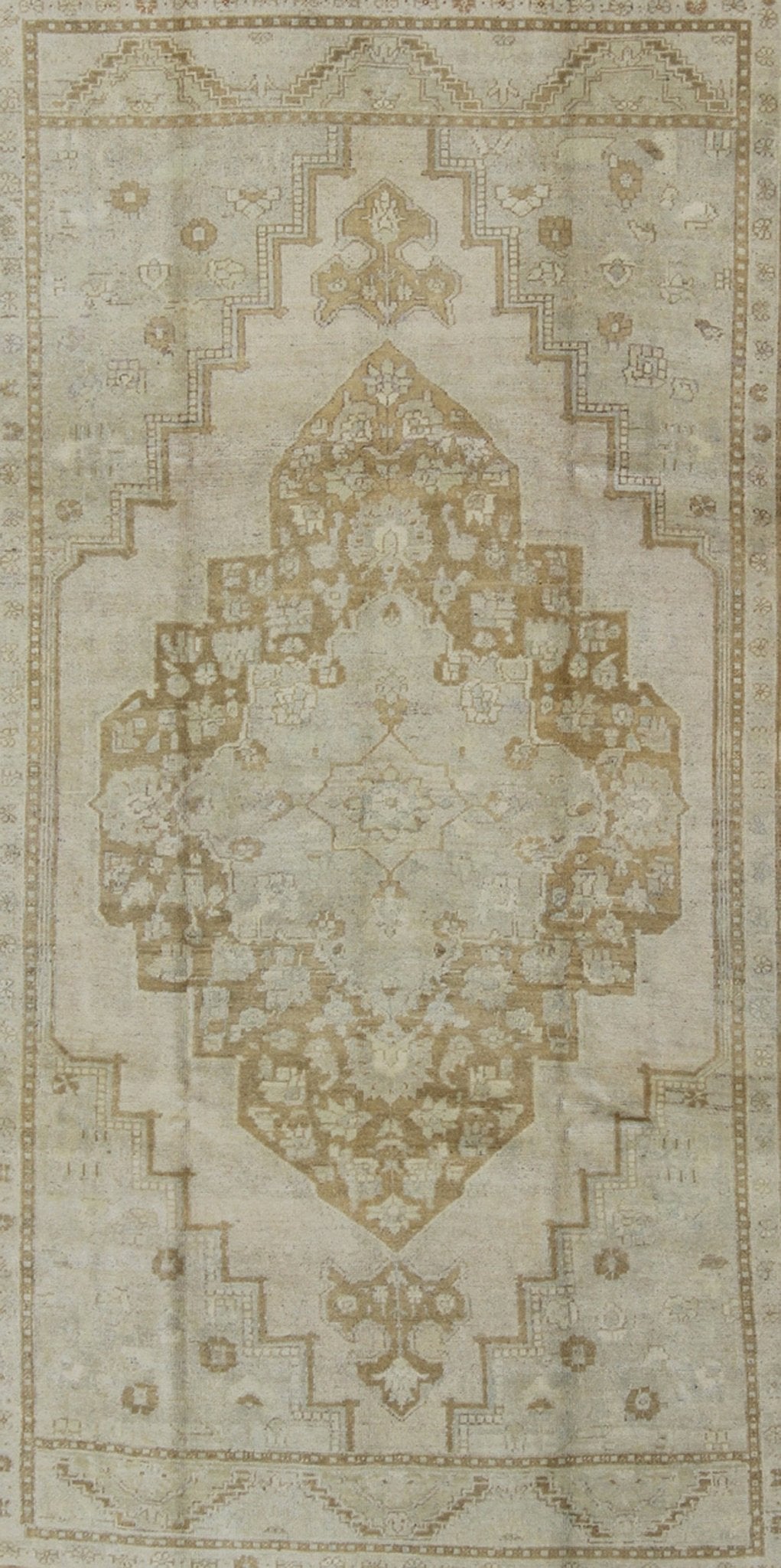 Vintage Turkish Oushak Rug Oushak rugs such as this vintage piece are highly decorative and desirable for their subduded and pale colors. The subdued color palette of soft gold, light brown, green, ivory and bone colors is enhanced by the partic... - Keivan Woven ArtsEN - 115378 - 3154Rug