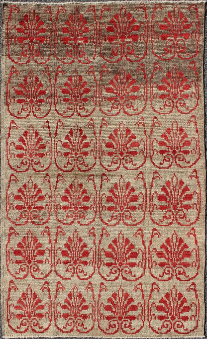 Vintage Turkish Tulu Carpet with Repeating Red Boteh & Light Green Field Measures: 3'3 x 5'5 Turkish Vintage Tulu Carpet with Repeating Red Boteh and leaves on light taupe/light green background Keivan Woven Arts/ rug EN - 115877, origin/tu... - Keivan Woven ArtsEN - 115877 - 2063Rug