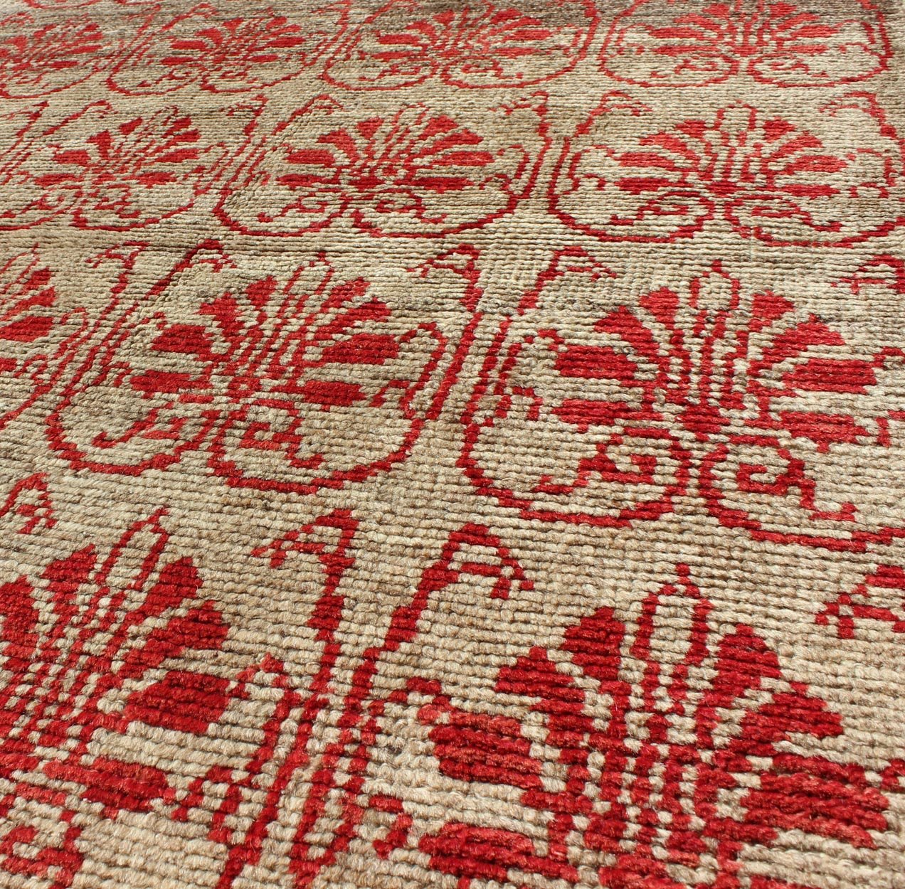 Vintage Turkish Tulu Carpet with Repeating Red Boteh & Light Green Field Measures: 3'3 x 5'5 Turkish Vintage Tulu Carpet with Repeating Red Boteh and leaves on light taupe/light green background Keivan Woven Arts/ rug EN - 115877, origin/tu... - Keivan Woven ArtsEN - 115877 - 2063Rug
