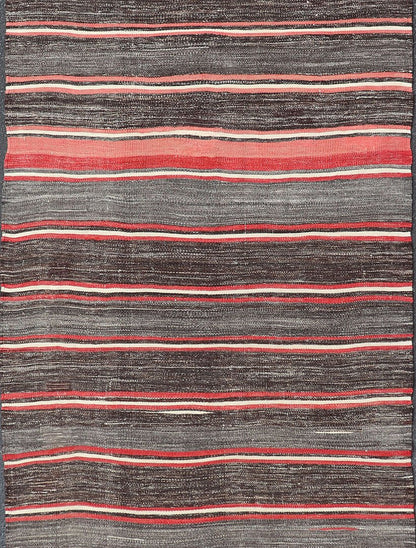 Vintage Turkish Kilim Wide Runner in Gray, Coral, Brown & Charcoal with Stripes. Turkish Kilim vintage runner with stripes in brown, gray, coral, charcoal, rug EN - 1184, country of origin / type: Turkey / Kilim, circa mid - 20th century Woven d... - Keivan Woven ArtsEN - 1184 - 15310Rug
