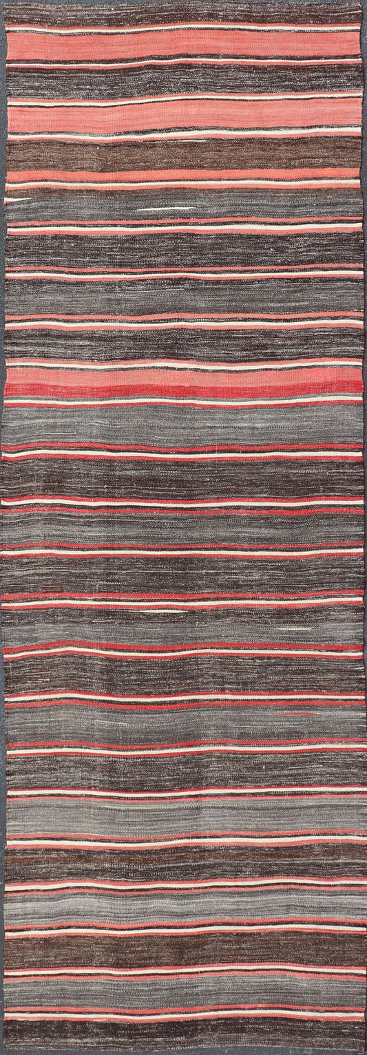 Vintage Turkish Kilim Wide Runner in Gray, Coral, Brown & Charcoal with Stripes. Turkish Kilim vintage runner with stripes in brown, gray, coral, charcoal, rug EN - 1184, country of origin / type: Turkey / Kilim, circa mid - 20th century Woven d... - Keivan Woven ArtsEN - 1184 - 15310Rug
