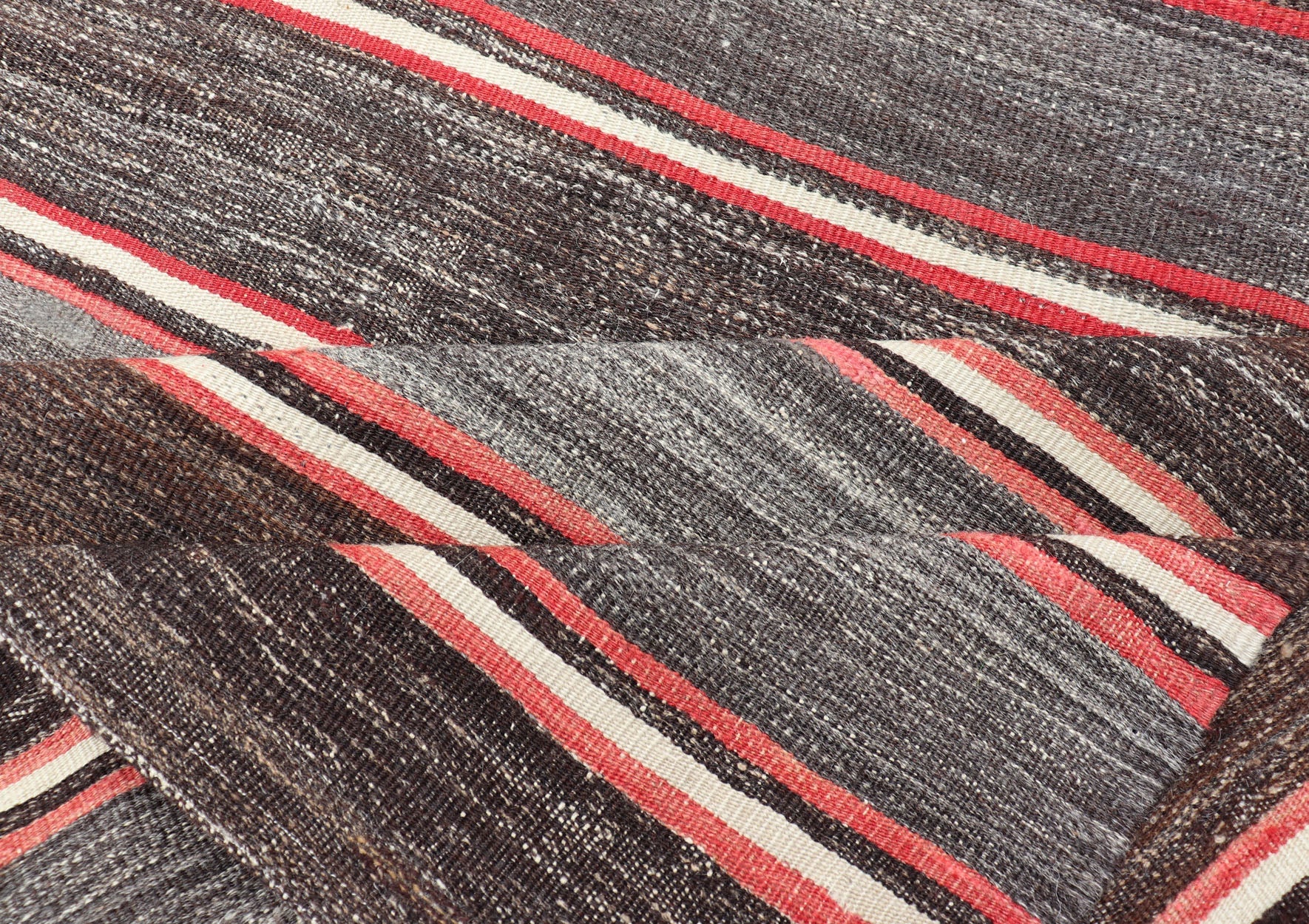 Vintage Turkish Kilim Wide Runner in Gray, Coral, Brown & Charcoal with Stripes. Turkish Kilim vintage runner with stripes in brown, gray, coral, charcoal, rug EN - 1184, country of origin / type: Turkey / Kilim, circa mid - 20th century Woven d... - Keivan Woven ArtsEN - 1184 - 15310Rug